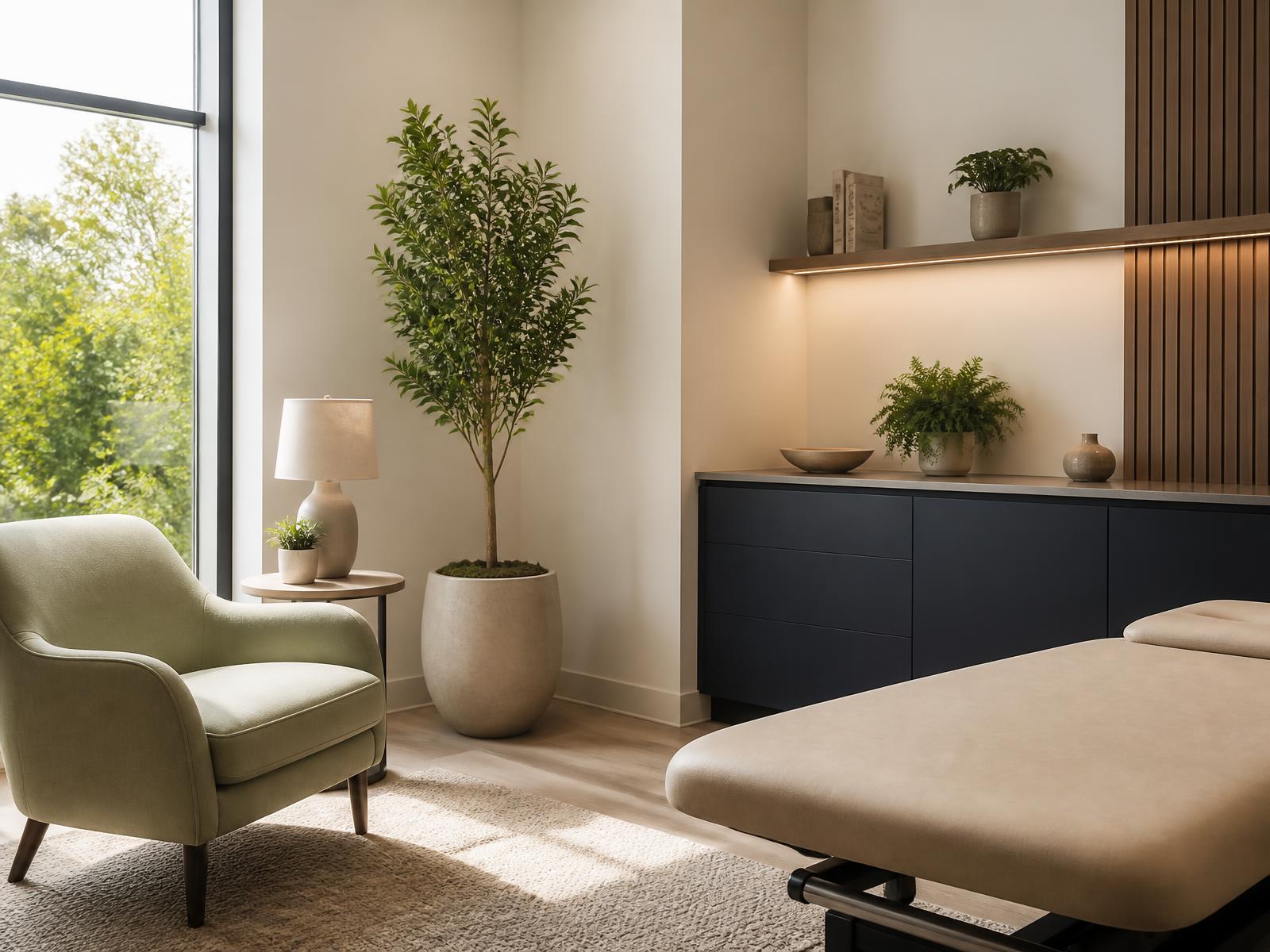 A calm, naturally lit brain health consultation room with a sage armchair